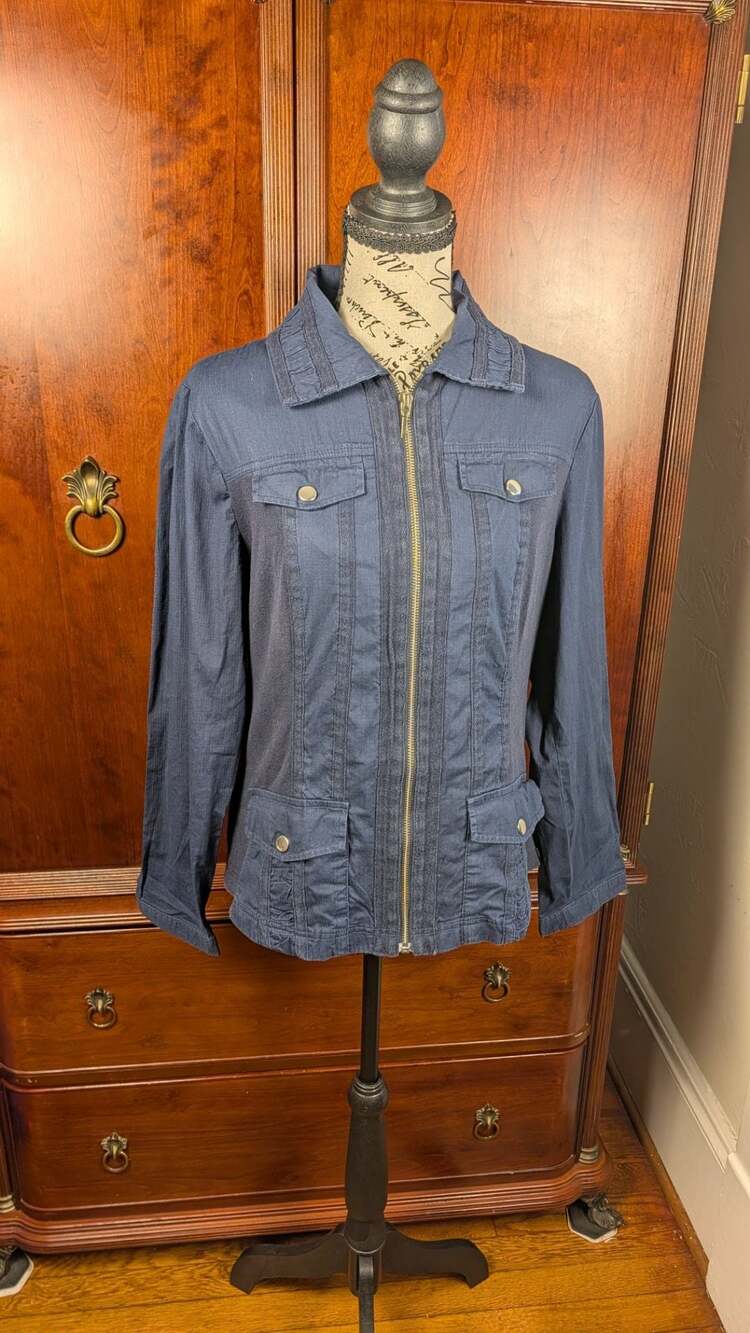 Chico's Zip Front Jacket Coat Sz 0 Small Womens Blue Satin Finish 3/4 Sleeve